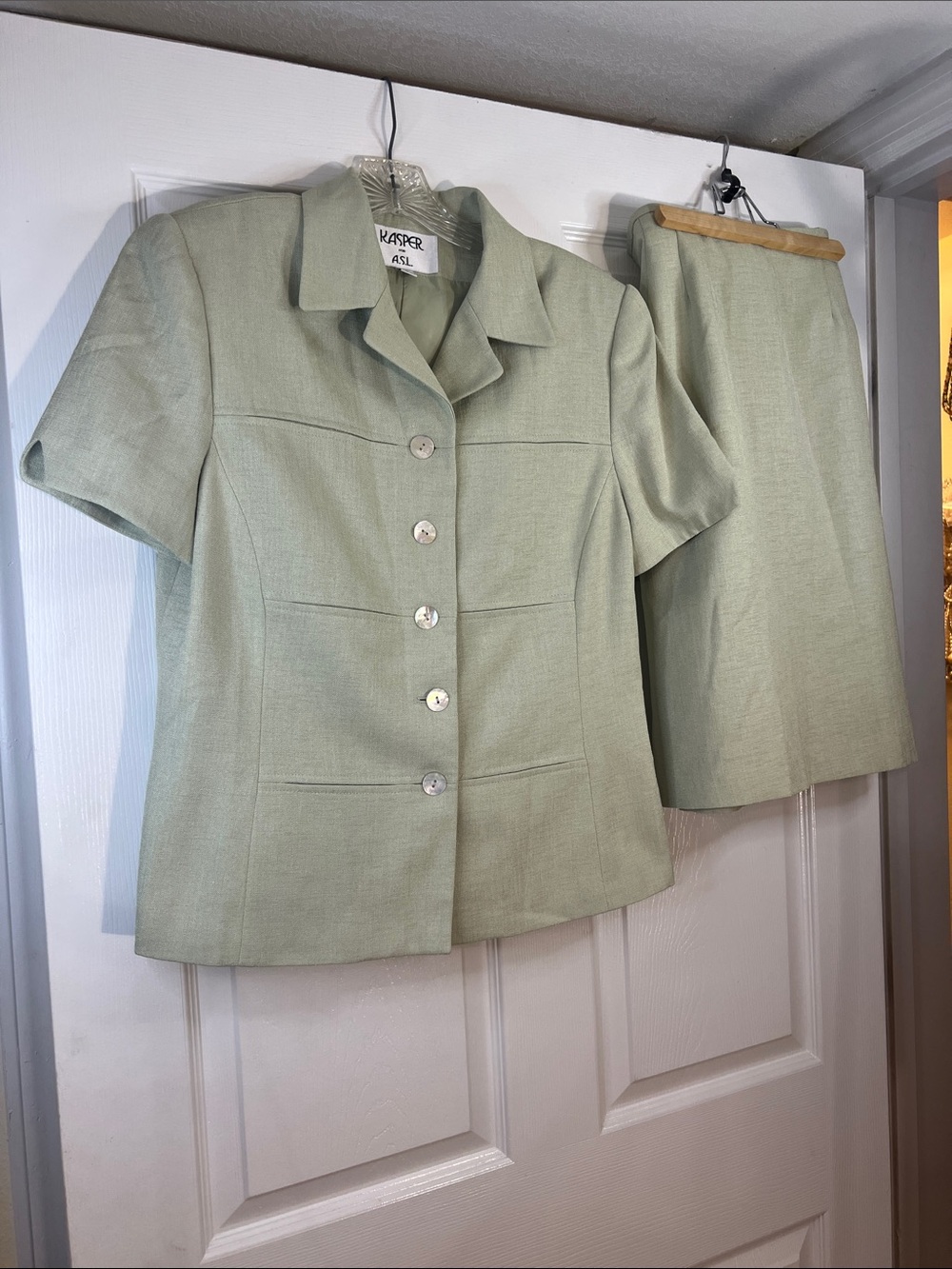 Kasper Light Sage Green Short Sleeve Blazer & Skirt Set